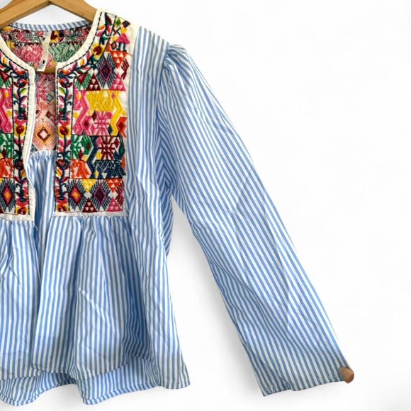 ROUSS BLUE WHITE STRIPED EMBROIDERED STRUCTURED CARDIGAN TOP BLOUSE WOMENS SIZE - Picture 5 of 7